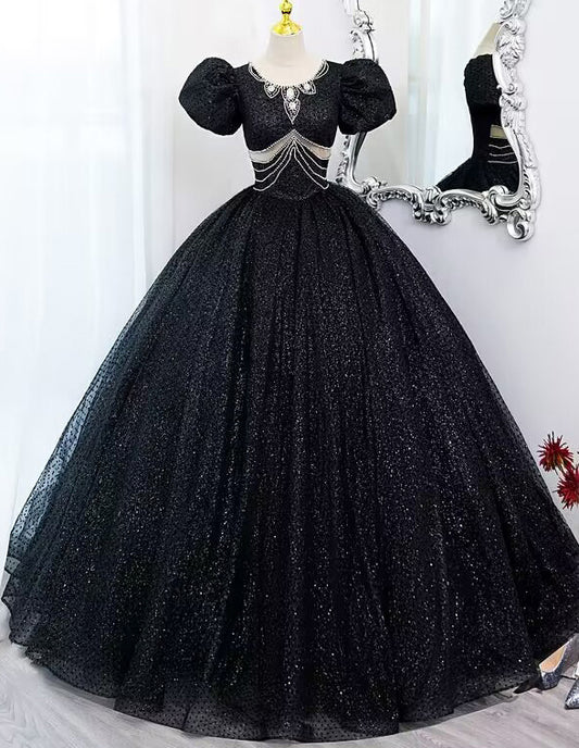 Black rhinestones beaded short sleeve long ball gown VIMYES