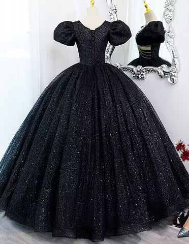 Black rhinestones beaded short sleeve long ball gown