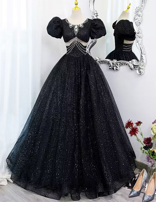 Black rhinestones beaded short sleeve long ball gown VIMYES