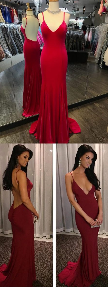 Burgundy v neck sweep length prom dress VIMYES