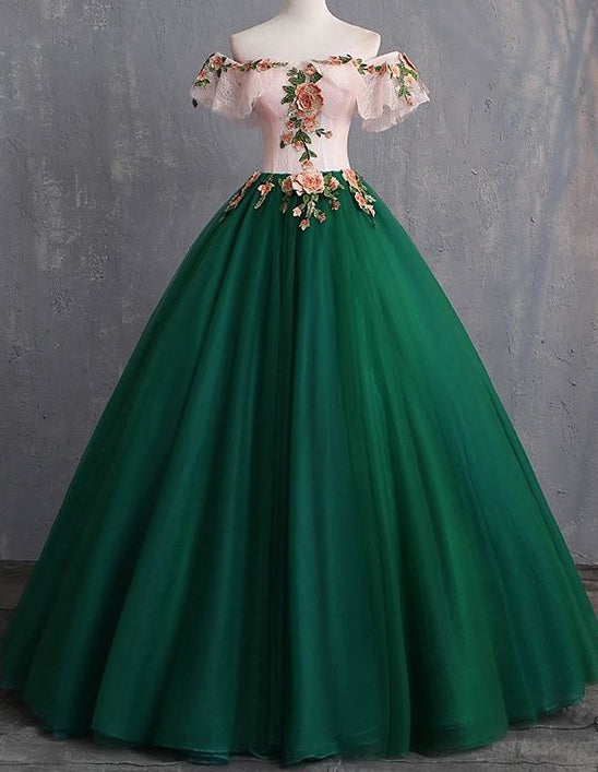 Green off the shoulder floral lace tulle ball gown