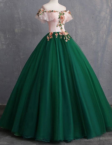 Green off the shoulder floral lace tulle ball gown