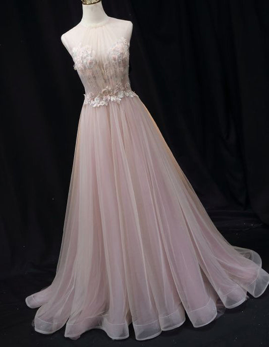 Pink lace applique pleated long tulle prom gown VIMYES