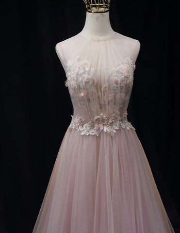 Pink lace applique pleated long tulle prom gown