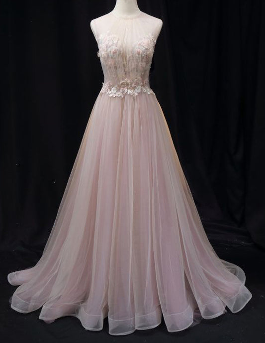 Pink lace applique pleated long tulle prom gown VIMYES