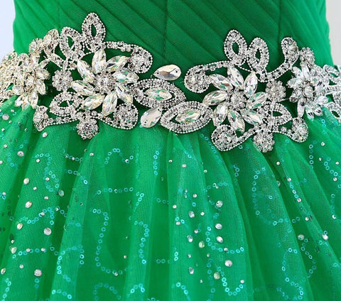 Green strapless sequin rhinestones beaded long tulle ball gown