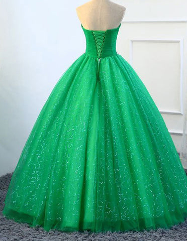 Green strapless sequin rhinestones beaded long tulle ball gown