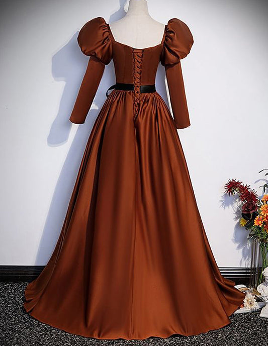 Brown pleated long sleeve satin ball gown,woman evening dress VIMYES