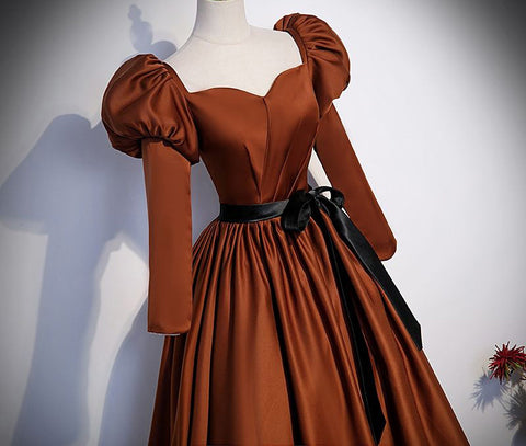 Brown pleated long sleeve satin ball gown,woman evening dress