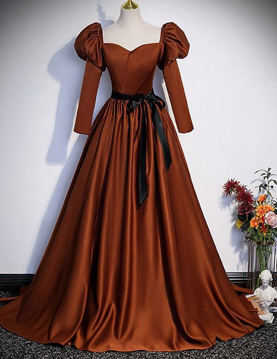 Brown pleated long sleeve satin ball gown,woman evening dress