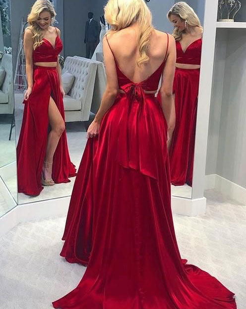 Red two-piece dress long train prom dress slit evening dress