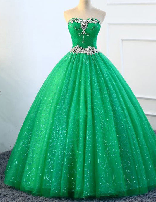 Green strapless sequin rhinestones beaded long tulle ball gown VIMYES