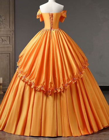 Orange strapless layered long prom gown evening dress