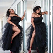 Off the shoulder black tulle evening dress slit prom gown