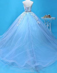 Blue strapless lace applique floral long tulle ball gown