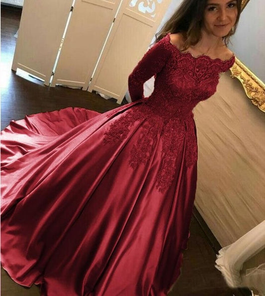 Burgundy off the shoulder lace applique beaded ball gown VIMYES