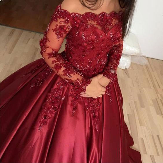 Off the shoulder burgundy sleeve lace satin ball gown