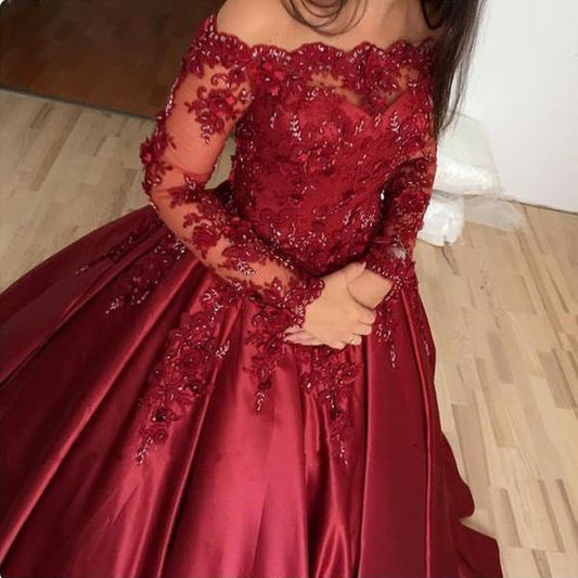 Off the shoulder burgundy sleeve lace satin ball gown VIMYES