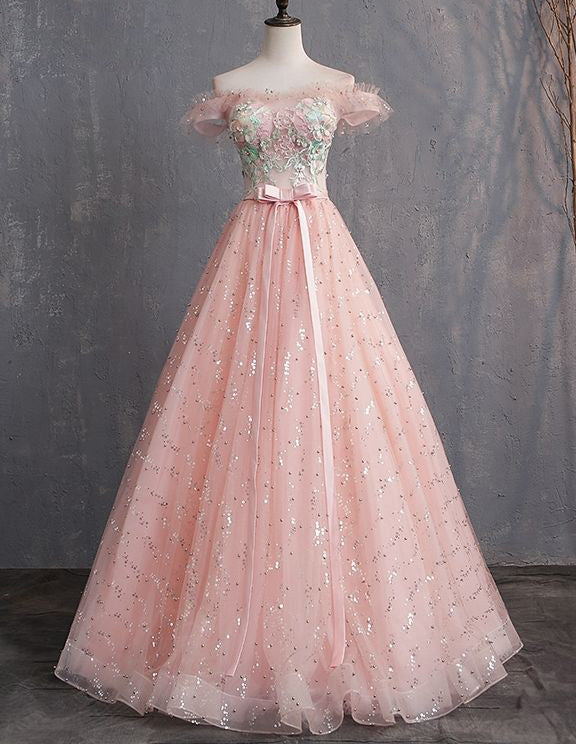 Pink off the shoulder lace applique sequin long tull ball gown