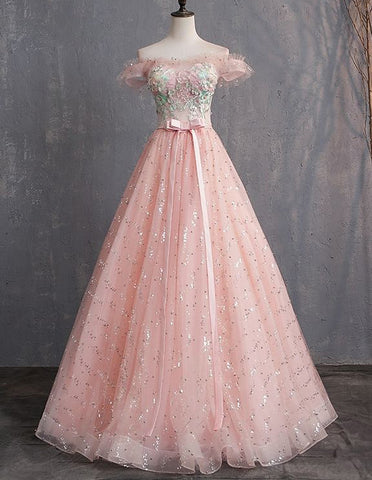 Pink off the shoulder long ball gown,sequin tulle evening gown