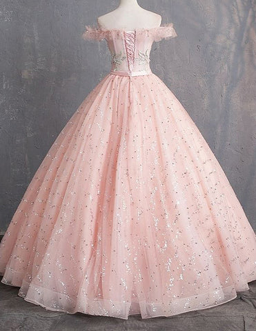 Pink off the shoulder long ball gown,sequin tulle evening gown