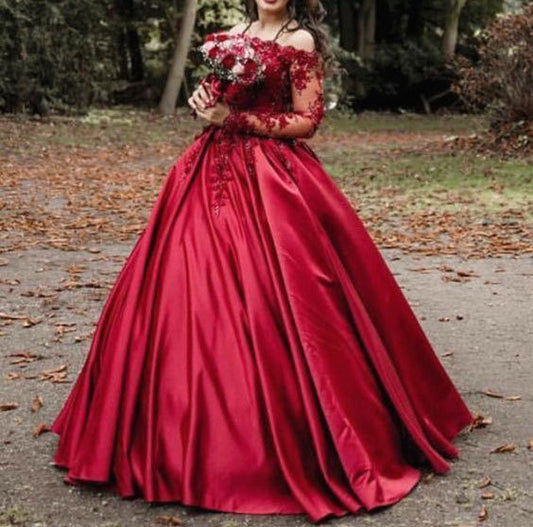 Off the shoulder burgundy sleeve lace satin ball gown VIMYES