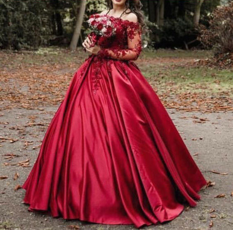 Off the shoulder burgundy sleeve lace satin ball gown