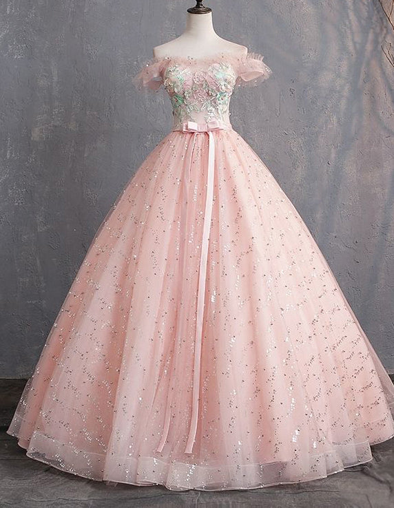 Pink off the shoulder long ball gown,sequin tulle evening gown