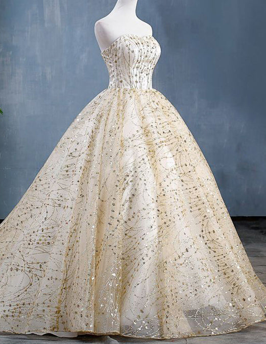 Strapless champagne sequine tulle ball gown VIMYES