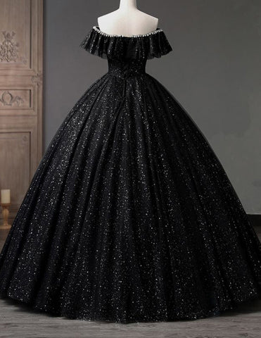 Black off the shoulder sparkle long tulle ball gown