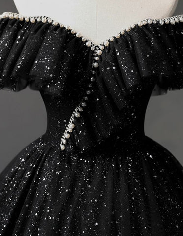 Black off the shoulder sparkle long tulle ball gown