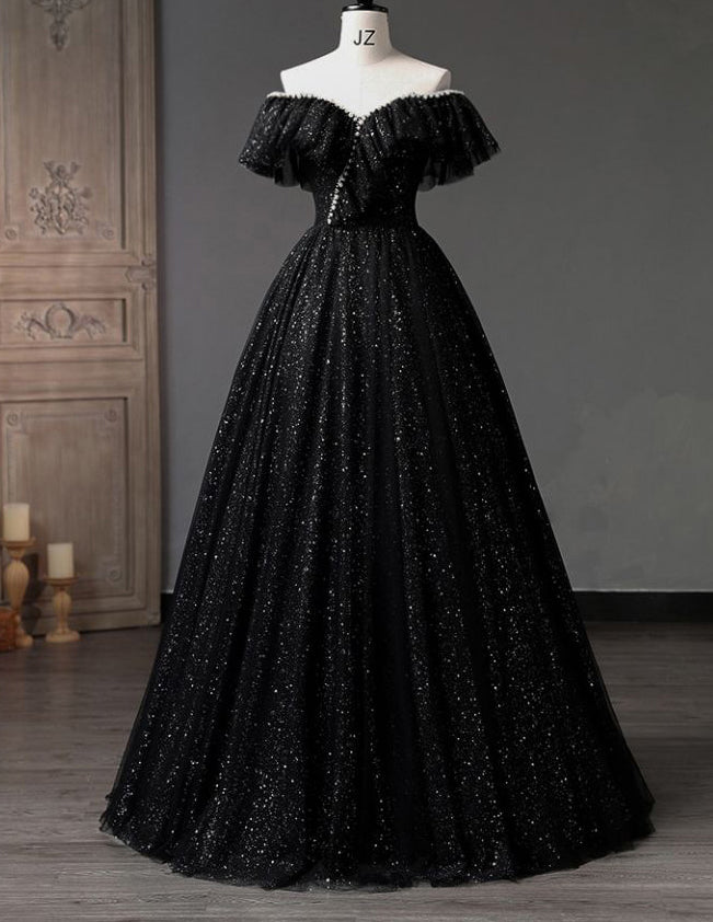 Black off the shoulder sparkle long tulle ball gown