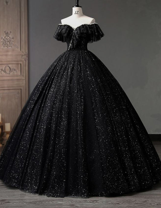 Black off the shoulder sparkle long tulle ball gown VIMYES