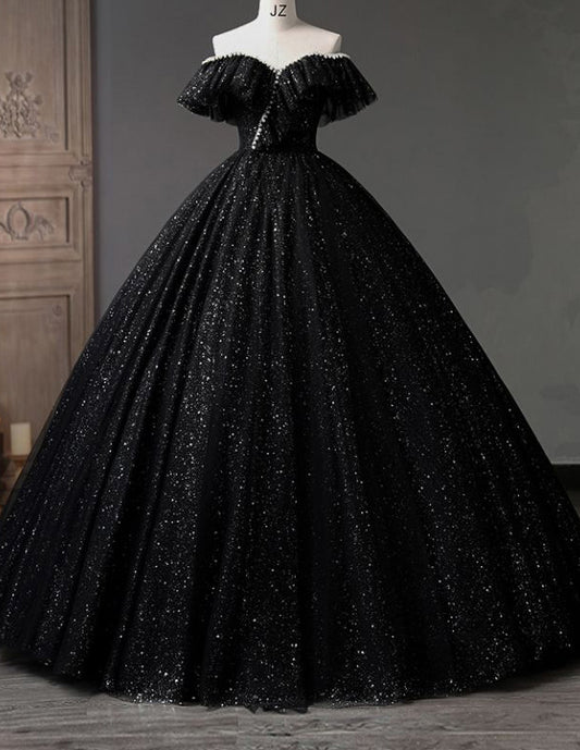 Black off the shoulder sparkle long tulle ball gown VIMYES