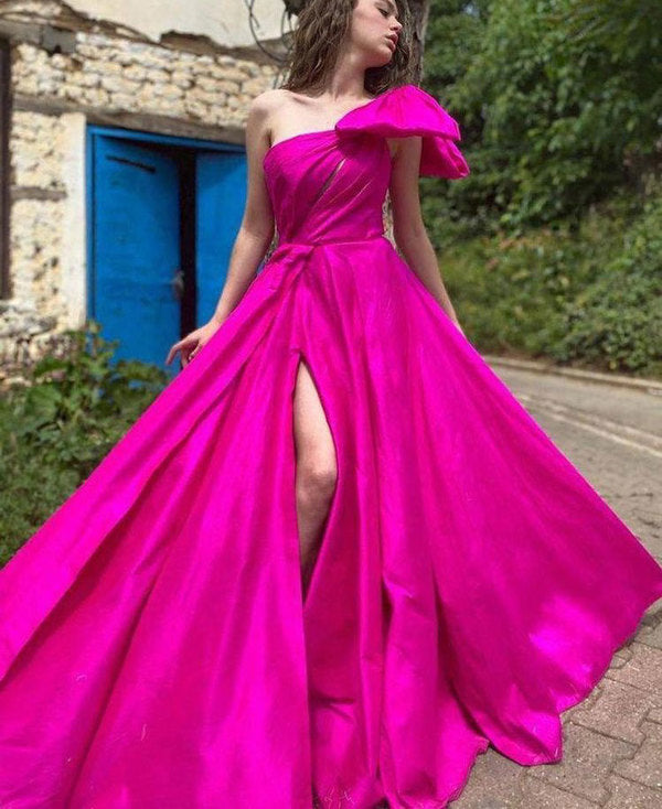 Hot pink one shoulder slit long ball gown prom dress