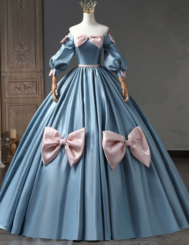 Blue off the shoulder long satin ball gown evening dress