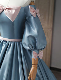 Blue off the shoulder long satin ball gown evening dress