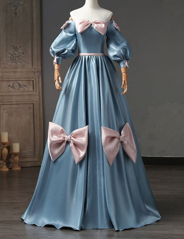 Blue off the shoulder long satin ball gown evening dress