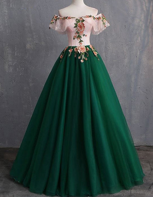 Green off the shoulder floral lace tulle ball gown VIMYES