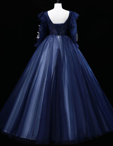 Dark navy scoop lace applique long tulle ball gown