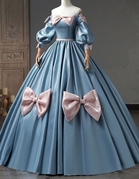 Blue off the shoulder long satin ball gown evening dress VIMYES