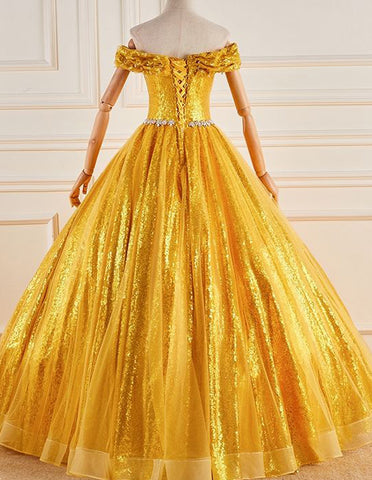 Gold off the shoulder beaded sequine long ball gown