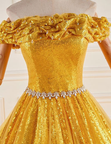 Gold off the shoulder beaded sequine long ball gown