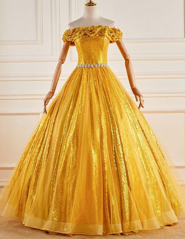 Gold off the shoulder beaded sequine long ball gown