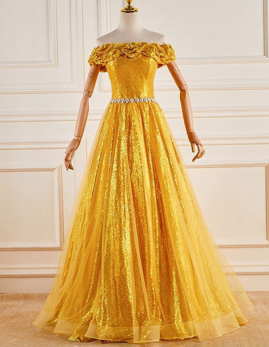 Gold off the shoulder beaded sequine long ball gown VIMYES