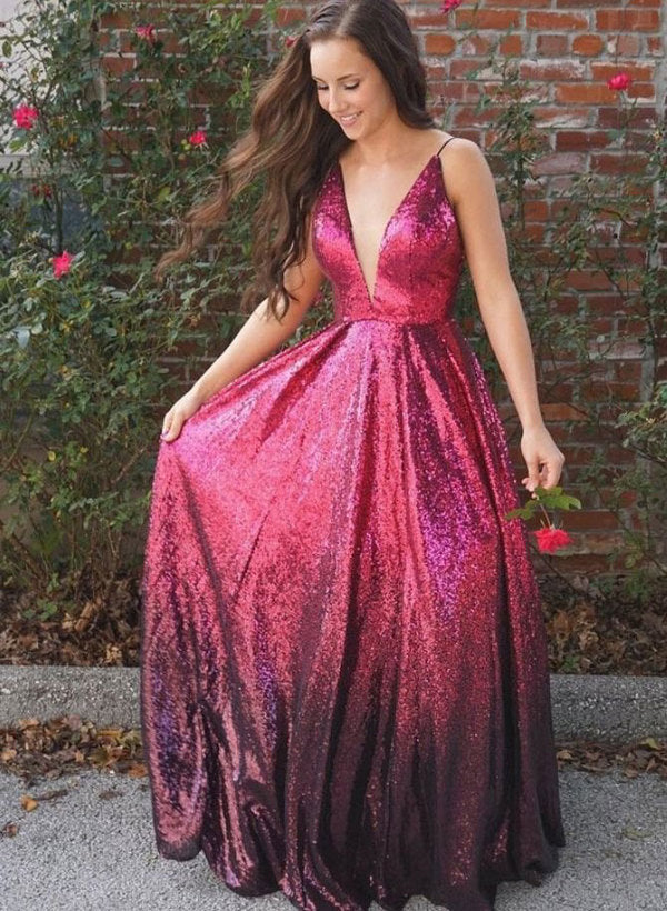 V neck sequin long prom dress formal gown