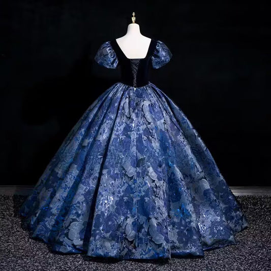 Navy blue floral satin prom dress ball gown evening dress VIMYES