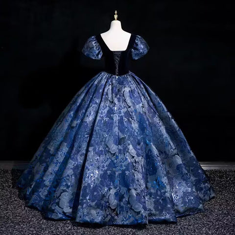 Navy blue floral satin prom dress ball gown evening dress