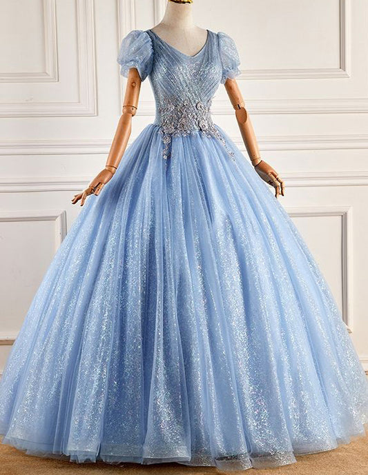 Blue v neck short sleeve long tulle ball gown evening dress VIMYES