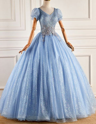 Blue v neck short sleeve long tulle ball gown evening dress